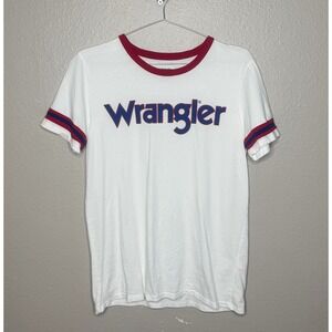 Wrangler Mens White Short Sleeve Crew Neck T Shirt Graphic Logo Red Blue Size M